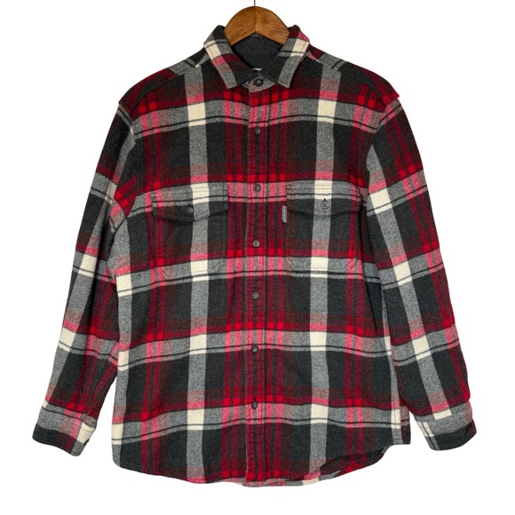 Woolrich Vintage Mens M Plaid Flannel Shirt Red Gray WOOL Button Up Long Sleeve - Picture 1 of 11